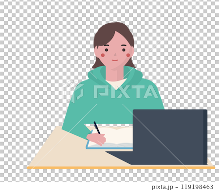 オンライン授業を受ける女性。ベクターイラスト	 119198463