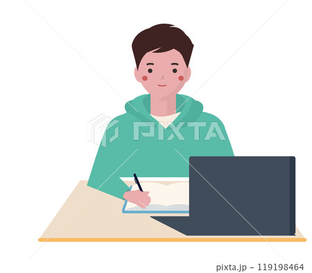 パソコンを見ながら勉強をする学生。ベクターイラスト	 119198464