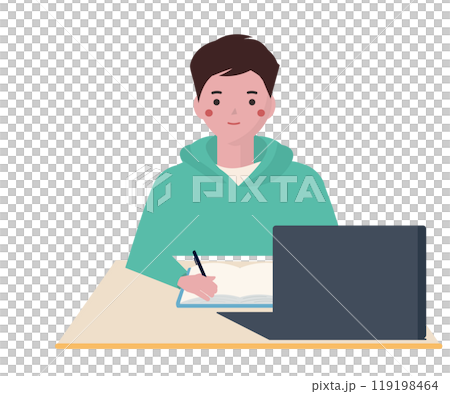 パソコンを見ながら勉強をする学生。ベクターイラスト	 119198464
