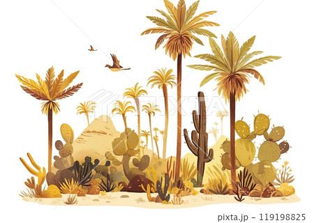Experience the serene beauty of the desert with this captivating illustration, featuring tall palms 119198825