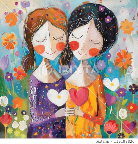 Colorful, heartfelt artistry featuring two blissful figures surrounded by a vibrant floral backdrop 119198826