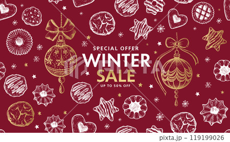 Winter sale, Christmas Cookie and ball set on red, Hand drawn illustration.	 119199026