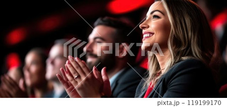 Smiling Woman Applauding at Corporate Event. Generative ai Smiling Woman Applauding at Corporate Event. Generative ai 119199170