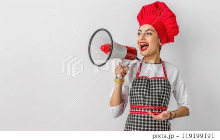 Cheerful Female Chef Announcing with Megaphone. Generative ai. 119199191