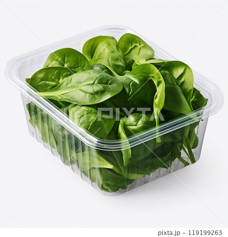 Plastic Container with Fresh Spinach Isolated on White Background. Generative ai Plastic Container with Fresh Spinach Isolated on White Background. Generative ai 119199263