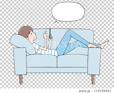 吹き出し ソファで携帯を見ながらくつろぐ男性 吹き出し ソファで携帯を見ながらくつろぐ男性 119199481