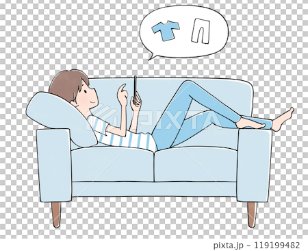 Shopping: A man relaxing on a sofa while looking at his mobile phone 119199482