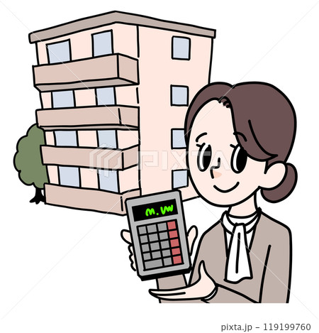 電卓を持った女性とマンション価格 119199760
