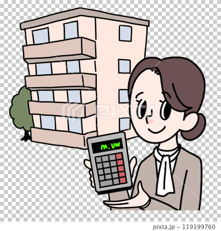 電卓を持った女性とマンション価格 119199760