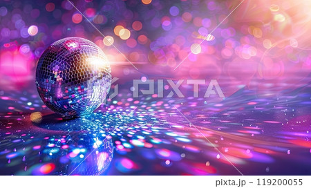 Shiny disco ball with lights on shiny glowing abstract background, with copy space 119200055