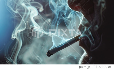 A close-up image of a person smoking a cigarette, with intricate swirls of smoke rising into the air. The smoke creates a dramatic, atmospheric effect. 119200056