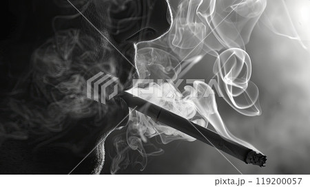 A close-up image of a person smoking a cigarette, with intricate swirls of smoke rising into the air. The smoke creates a dramatic, atmospheric effect. 119200057