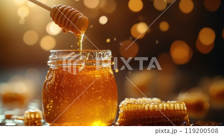 A jar of organic honey with the lid slightly ajar and a honeycomb resting beside the jar 119200508