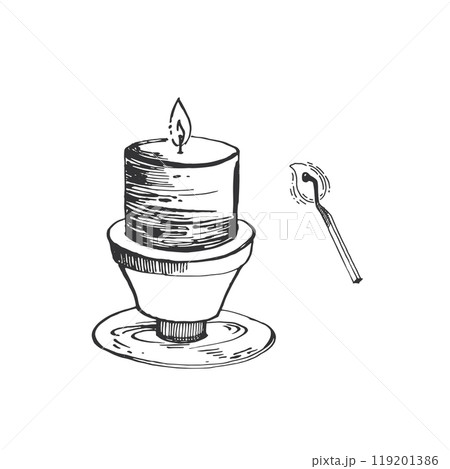Burning candle on a candlestick with a burning wooden match. All objects are hand-drawn with ink and transferred to vector. Halloween illustration. For printing on invitations, posters, holiday decor. 119201386