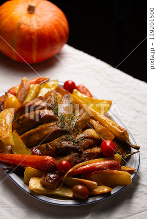 Baked chicken fillet with vegetables. Concept of saving resources, alternative to turkey on thanksgiving day 119201500