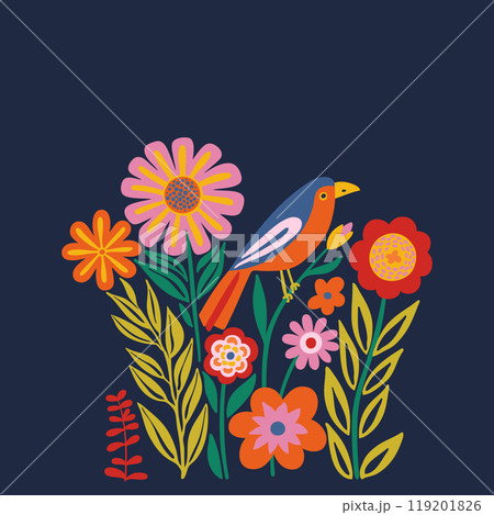 Vibrant illustration of a bird with orange body, blue head, and yellow beak among pink, red, and yellow flowers on a deep navy background with copy space for wall art, postcard design, cover, poster. 119201826