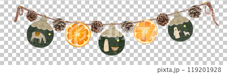 Orange slices pine cone with Christmas balls on a jute rope watercolor border isolated on white background. High quality hand drawn art perfect for posters, cards, website, banners, Christmas design Orange slices pine cone with Christmas balls on a jute rope watercolor border isolated on white background. High quality hand drawn art perfect for posters, cards, website, banners, Christmas design 119201928