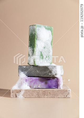 Minimalist still life with natural handmade soap 119202079