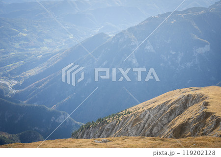 Autumnal landscape scenery with orange grass and mountains in background, Austria, Europe Autumnal landscape scenery with orange grass and mountains in background, Austria, Europe 119202128