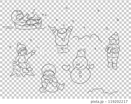 Monochrome illustration of children playing in the snow Monochrome illustration of children playing in the snow 119202217