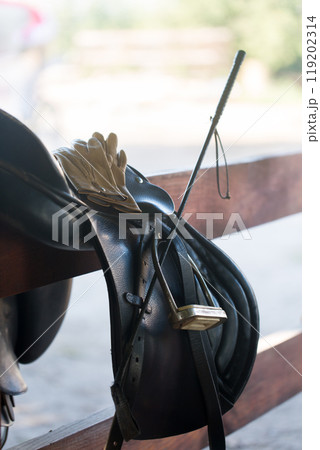 A saddle on a fence with leather gloves and a whip in the stable 119202314