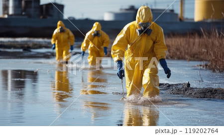 People in hazmat suits wading through floodwater near an industrial area, safety measures in action. People in hazmat suits wading through floodwater near an industrial area, safety measures in action. 119202764