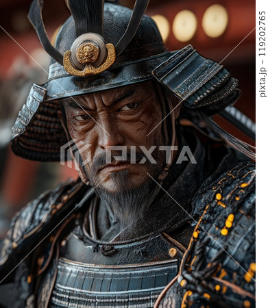 Close-up of a Japanese samurai warrior in traditional armor with intense expression, battle-worn face. 119202765