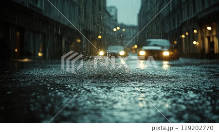 Heavy rain pouring down on a dark city street, water pooling on the road surface. 119202770