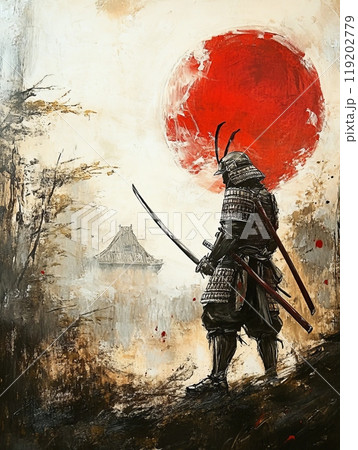 Samurai warrior walking in misty landscape under a red sun, holding katana, traditional Japanese art. Samurai warrior walking in misty landscape under a red sun, holding katana, traditional Japanese art. 119202779