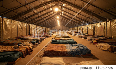 Large emergency shelter with rows of beds, dimly lit, prepared for flood victims. 119202780