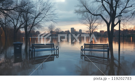 Flooded park with benches and a trash can partially submerged, city skyline in the distance at sunset. 119202783
