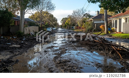 Muddy residential street after flooding, debris and branches scattered around, clear sky. Muddy residential street after flooding, debris and branches scattered around, clear sky. 119202786