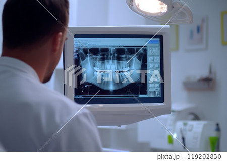 the dentist looks at a CT scan of the tooth 119202830