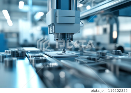 Automated Mechanical Press on Factory Floor. Perfect for illustrating advanced manufacturing technologies Automated Mechanical Press on Factory Floor. Perfect for illustrating advanced manufacturing technologies 119202833