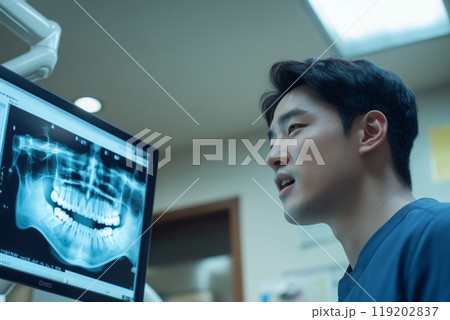 an asian dentist looks at a CT scan of a tooth 119202837