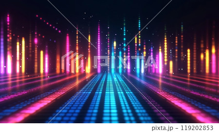 Digital Equalizer Bars with Neon Glow on a Dark Background. This futuristic design is ideal for DJ or electronic music-related websites and presentations Digital Equalizer Bars with Neon Glow on a Dark Background. This futuristic design is ideal for DJ or electronic music-related websites and presentations 119202853