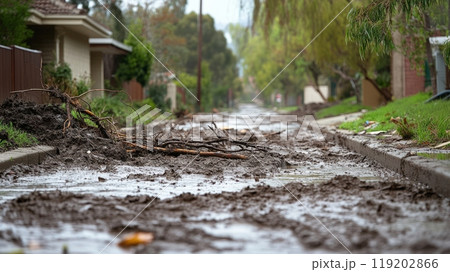 Muddy residential street after flooding, debris and branches scattered around, clear sky. Muddy residential street after flooding, debris and branches scattered around, clear sky. 119202866