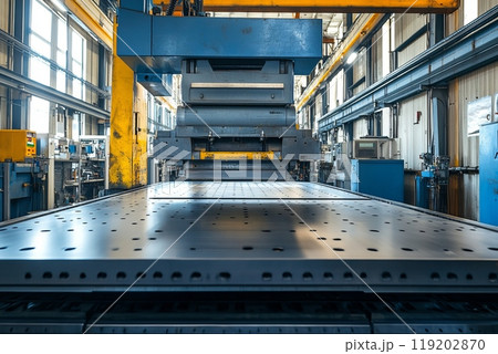 Large Industrial Hydraulic Press in Operation. Ideal for demonstrating heavy machinery in manufacturing settings Large Industrial Hydraulic Press in Operation. Ideal for demonstrating heavy machinery in manufacturing settings 119202870