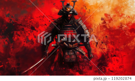 Fierce samurai warrior in red battle armor against a fiery background, holding a katana, intense scene. Fierce samurai warrior in red battle armor against a fiery background, holding a katana, intense scene. 119202874