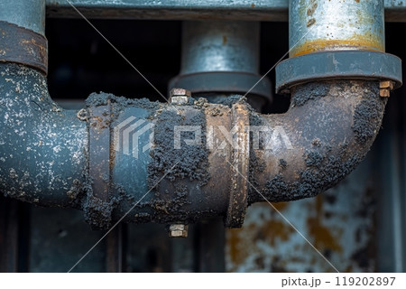 Close-up of a moldy surface inside an old metal pipe, showing corrosion and dirt accumulation. Close-up of a moldy surface inside an old metal pipe, showing corrosion and dirt accumulation. 119202897