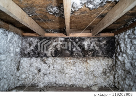 Close-up of moldy insulation inside a wall cavity, showing damage, moisture, and decay. Close-up of moldy insulation inside a wall cavity, showing damage, moisture, and decay. 119202909