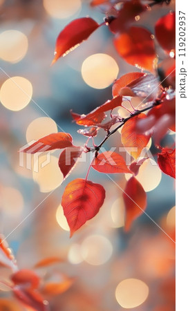 Red Autumn Leaves with Soft Bokeh Lights Red Autumn Leaves with Soft Bokeh Lights 119202937