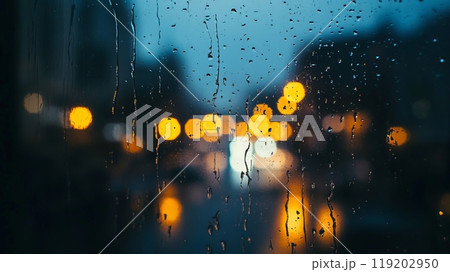 Raindrops on Window with Bokeh Lights 119202950