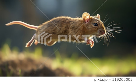 A mouse jumping mid-air with its tail extended, captured in a dynamic moment of movement against a blurred background. 119203003