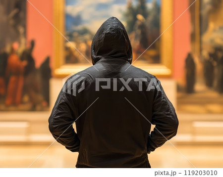 Art theft: Masked thief stands in front of museum's priceless painting 119203010