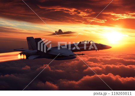 Fighter jet flying at sunset with afterburners, dramatic sky, aerial view, speed. Fighter jet flying at sunset with afterburners, dramatic sky, aerial view, speed. 119203011