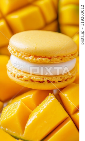 Mango macarons with bright yellow mango pieces, fresh and tropical, ideal for a vibrant phone wallpaper. 119203012