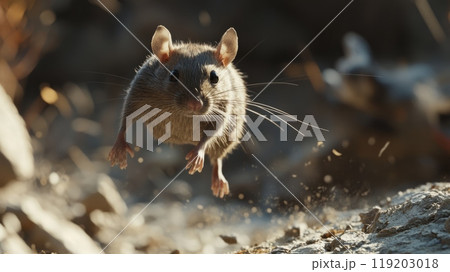A mouse jumping mid-air with its tail extended, captured in a dynamic moment of movement against a blurred background. A mouse jumping mid-air with its tail extended, captured in a dynamic moment of movement against a blurred background. 119203018