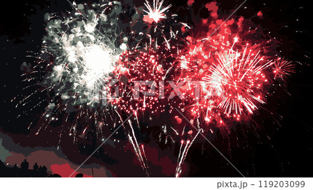 Colorful fireworks on a dark background. Colorful explosive fire show in the night sky. Vector illustration 119203099