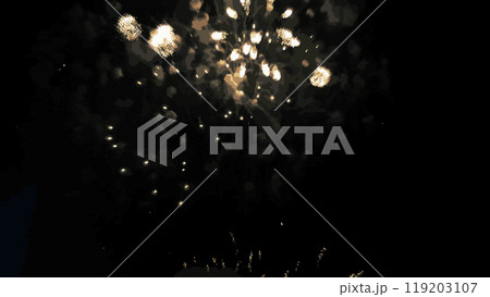 Colorful fireworks on a dark background. Colorful explosive fire show in the night sky. Vector illustration 119203107
